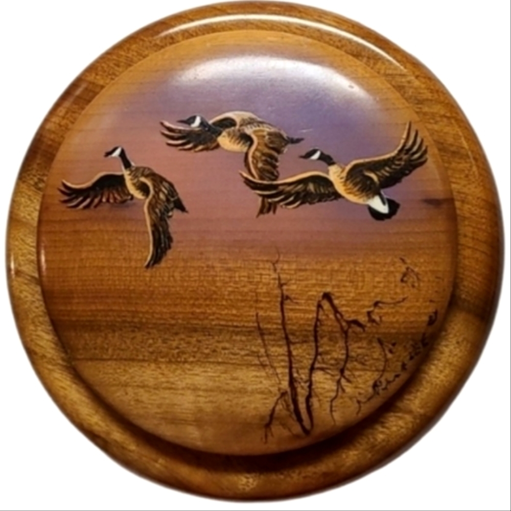 Rare Vintage Myrtlewood Art Keeper & Lid Wildlife Ducks Sky Flying Wet Lands